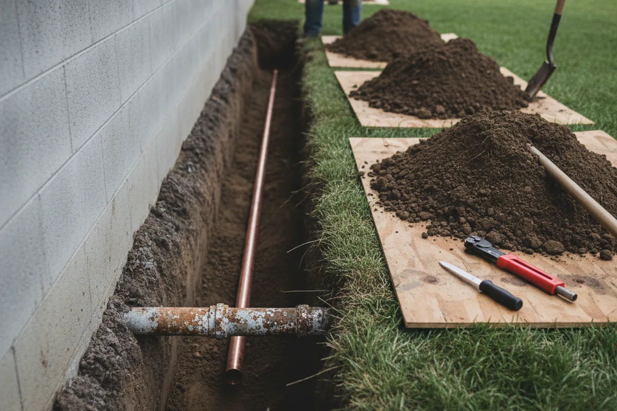 Excavated water line trench during Sewer Line Repair in Rembert